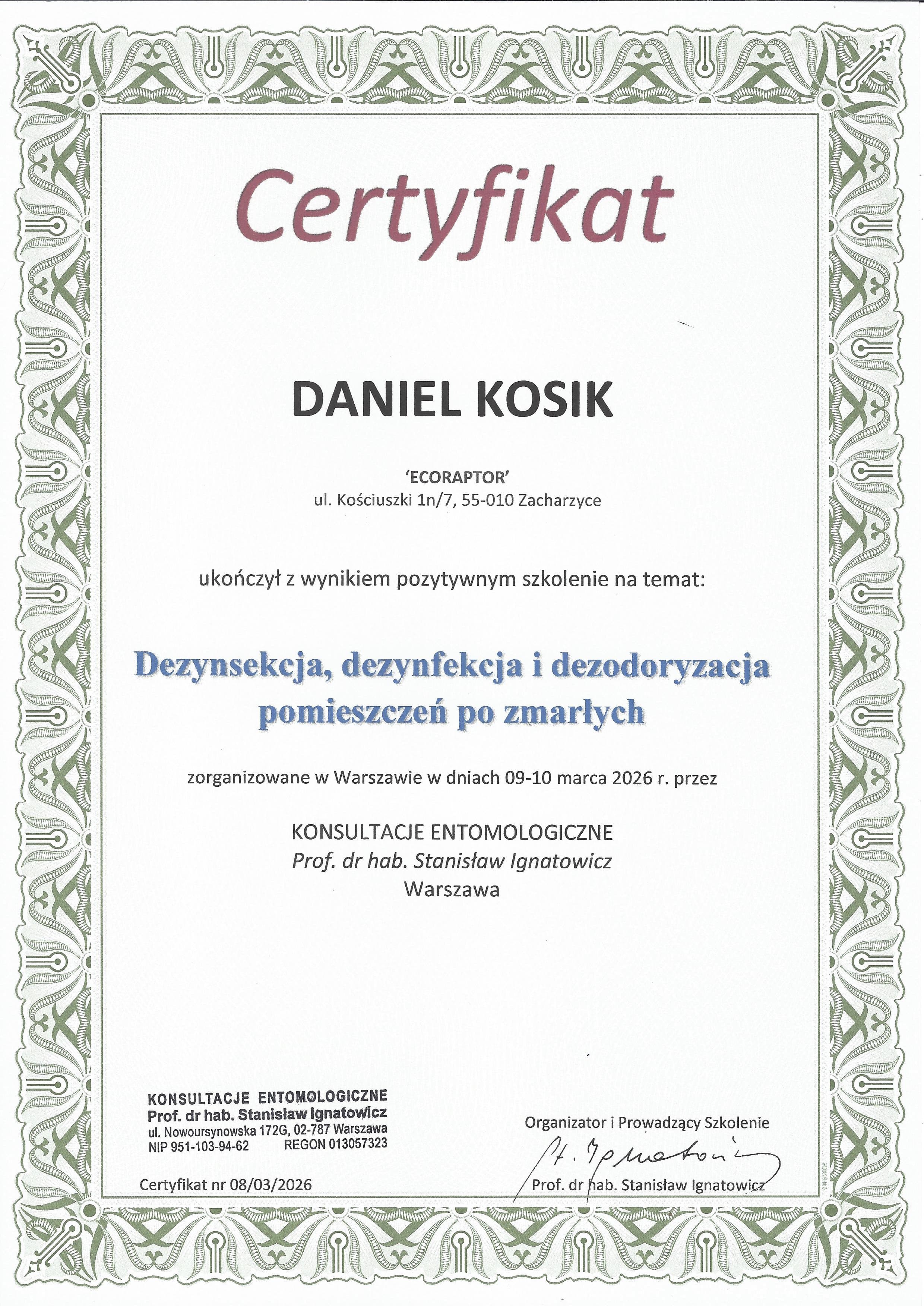 Certyfikat: Odkażanie i Dezodoryzacja