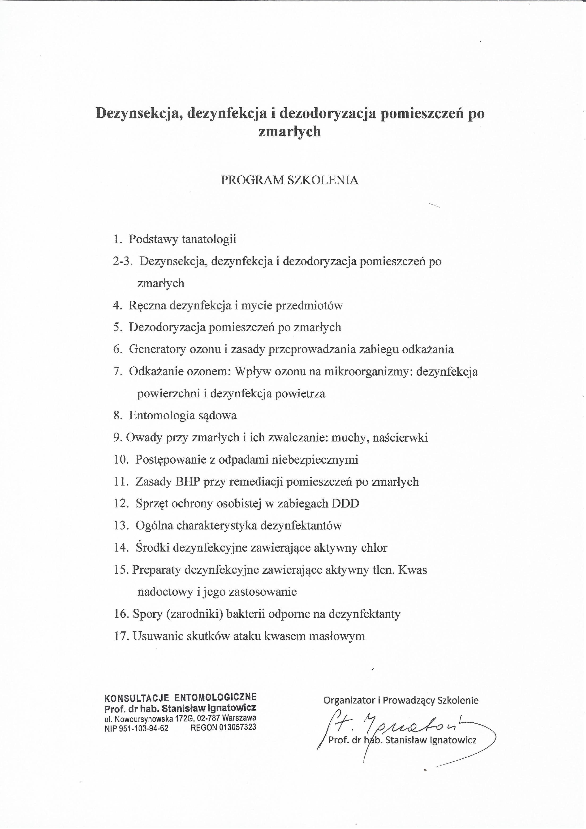 Certyfikat: Zakres Szkolenia (Odpady niebezpieczne, BHP)